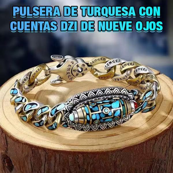 Pulsera SEVERO de Turquesa con Cuentas Dzi de Nueve Ojos – Amuleto de Suerte y Protección, Diseño Unisex, Ideal para Uso Diario y Regalo Especial